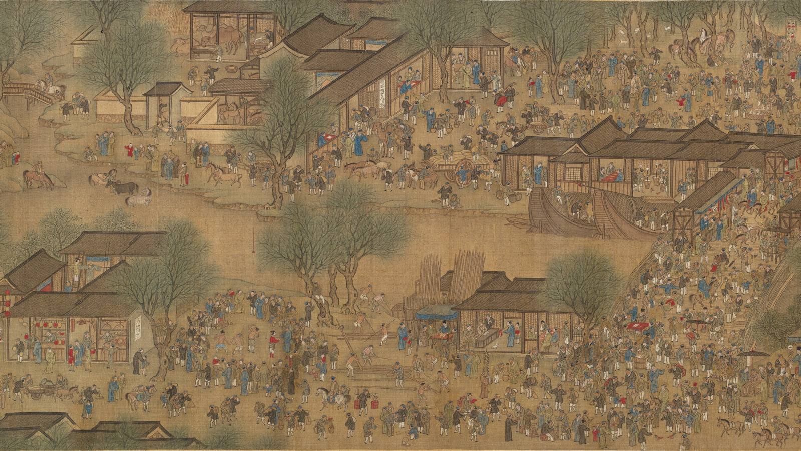 Detalle de un rollo horizontal chino: una villa mercantil junto al río en la fiesta de primavera, con multitudes de figuras pequeñas, carretas de bueyes, barcas en el agua, casas de tejado y árboles sin hojas, pintado con tinta y color sobre seda